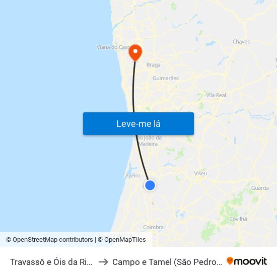 Travassô e Óis da Ribeira to Campo e Tamel (São Pedro Fins) map