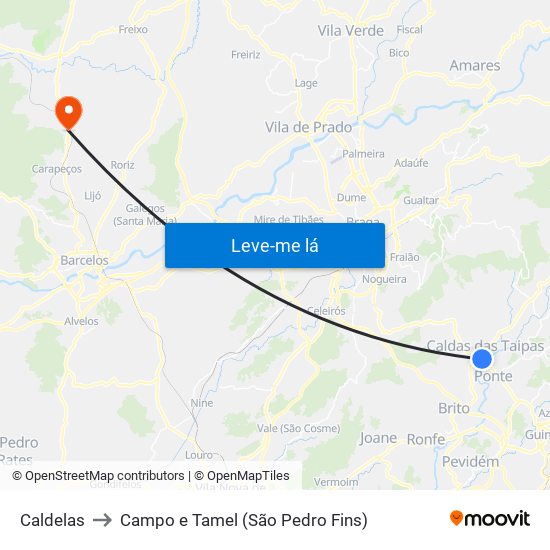 Caldelas to Campo e Tamel (São Pedro Fins) map