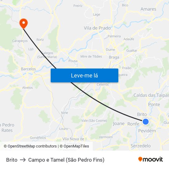 Brito to Campo e Tamel (São Pedro Fins) map