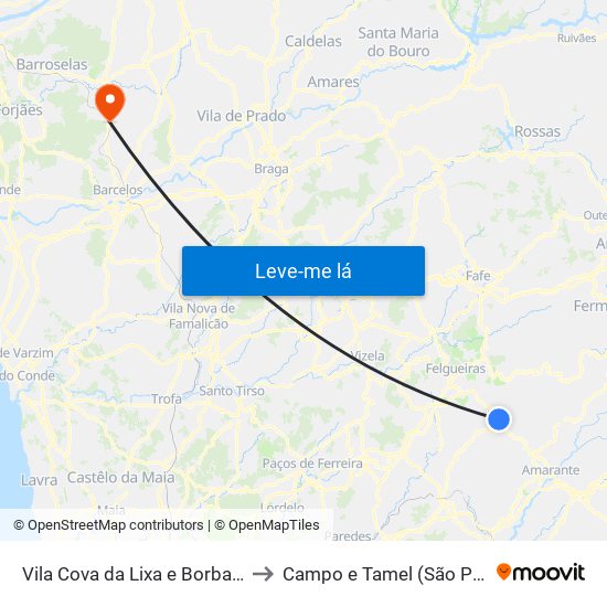 Vila Cova da Lixa e Borba de Godim to Campo e Tamel (São Pedro Fins) map