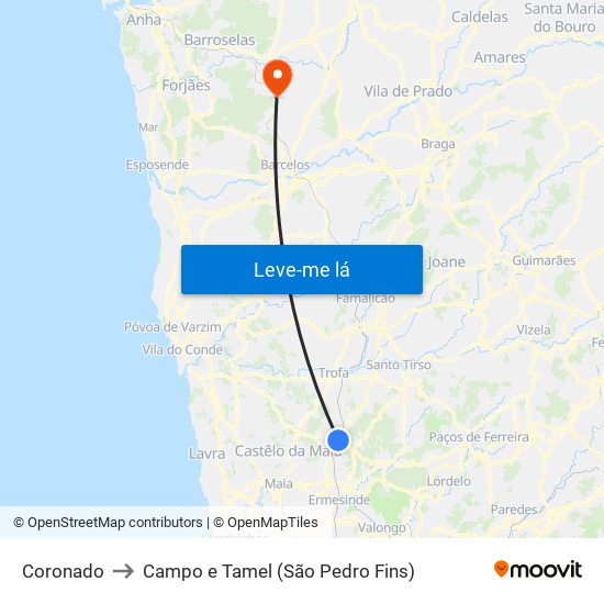 Coronado to Campo e Tamel (São Pedro Fins) map