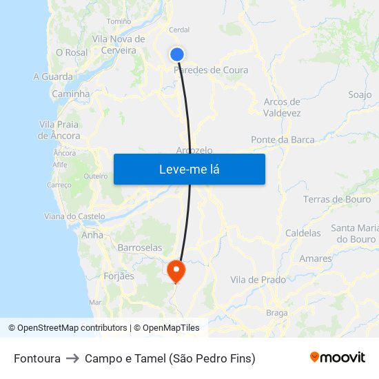 Fontoura to Campo e Tamel (São Pedro Fins) map