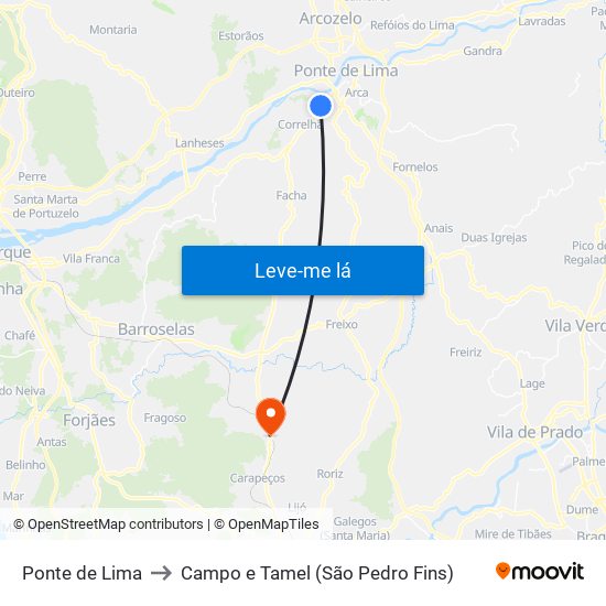 Ponte de Lima to Campo e Tamel (São Pedro Fins) map