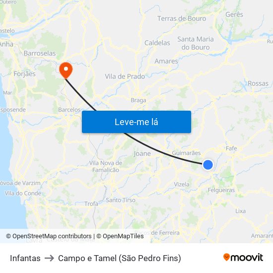 Infantas to Campo e Tamel (São Pedro Fins) map