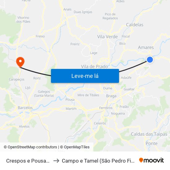 Crespos e Pousada to Campo e Tamel (São Pedro Fins) map