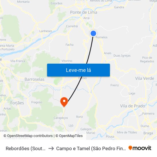 Rebordões (Souto) to Campo e Tamel (São Pedro Fins) map