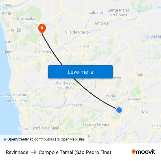 Revinhade to Campo e Tamel (São Pedro Fins) map