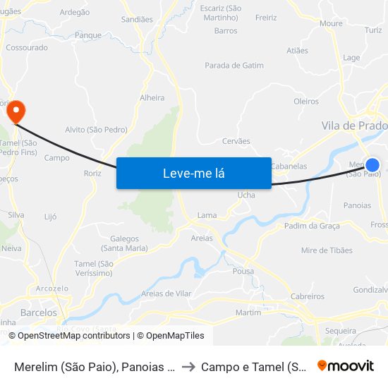Merelim (São Paio), Panoias e Parada de Tibães to Campo e Tamel (São Pedro Fins) map