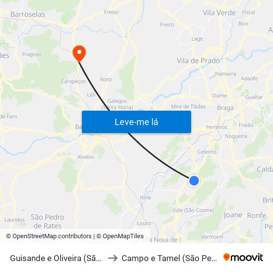 Guisande e Oliveira (São Pedro) to Campo e Tamel (São Pedro Fins) map