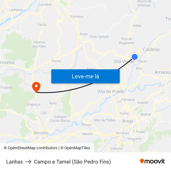 Lanhas to Campo e Tamel (São Pedro Fins) map