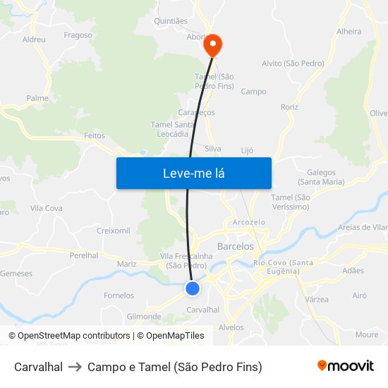 Carvalhal to Campo e Tamel (São Pedro Fins) map