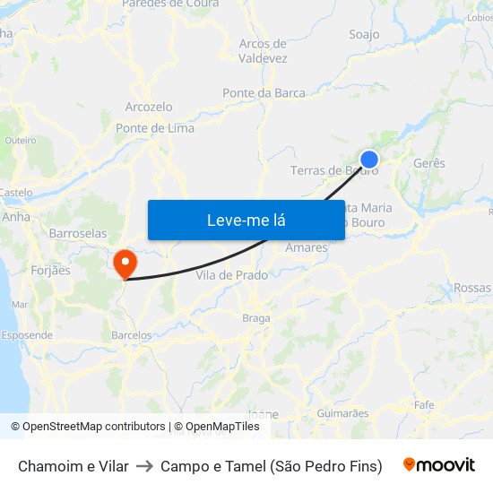 Chamoim e Vilar to Campo e Tamel (São Pedro Fins) map