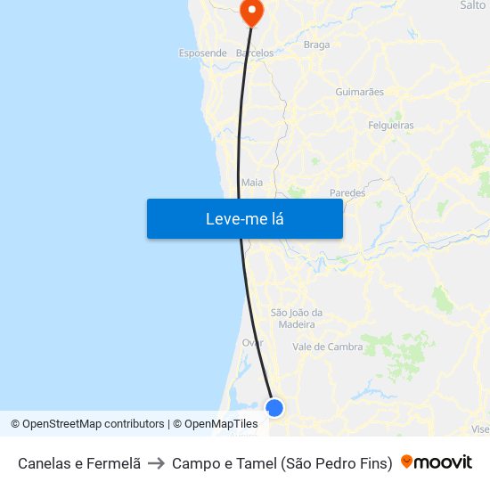 Canelas e Fermelã to Campo e Tamel (São Pedro Fins) map