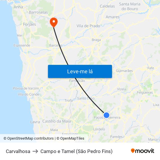 Carvalhosa to Campo e Tamel (São Pedro Fins) map