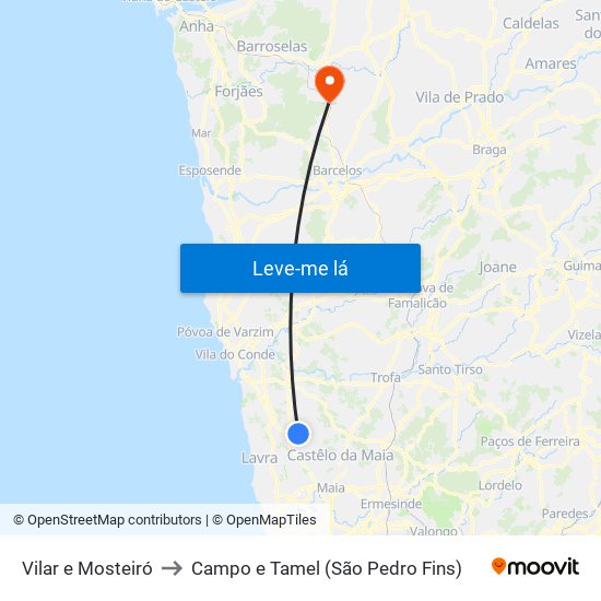 Vilar e Mosteiró to Campo e Tamel (São Pedro Fins) map