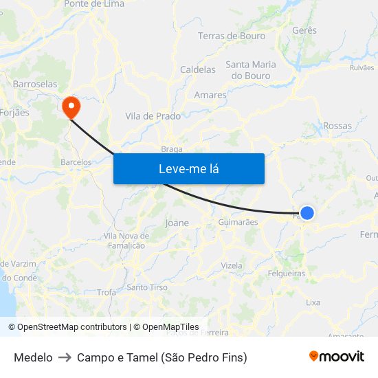 Medelo to Campo e Tamel (São Pedro Fins) map