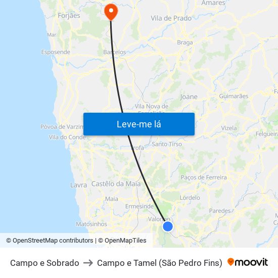 Campo e Sobrado to Campo e Tamel (São Pedro Fins) map