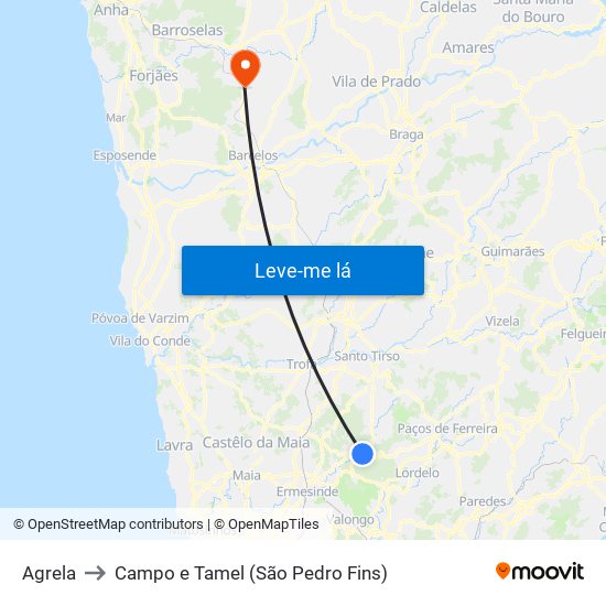 Agrela to Campo e Tamel (São Pedro Fins) map