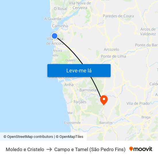 Moledo e Cristelo to Campo e Tamel (São Pedro Fins) map