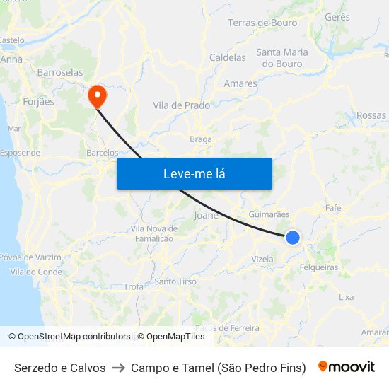 Serzedo e Calvos to Campo e Tamel (São Pedro Fins) map
