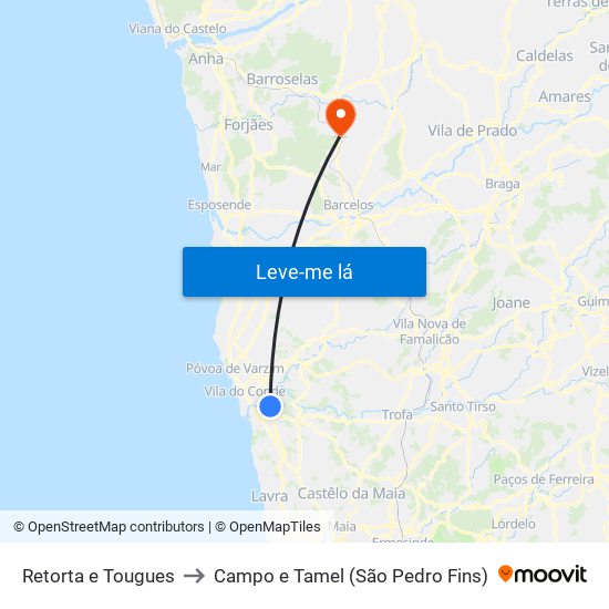 Retorta e Tougues to Campo e Tamel (São Pedro Fins) map