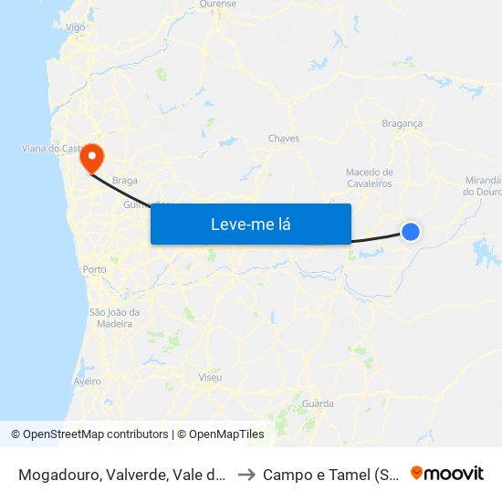 Mogadouro, Valverde, Vale de Porco e Vilar de Rei to Campo e Tamel (São Pedro Fins) map