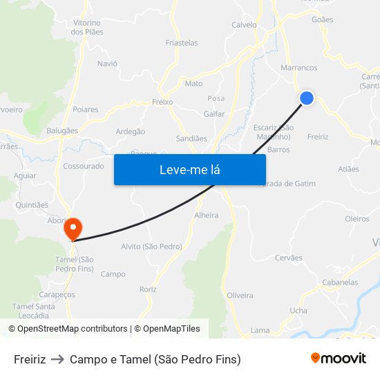 Freiriz to Campo e Tamel (São Pedro Fins) map