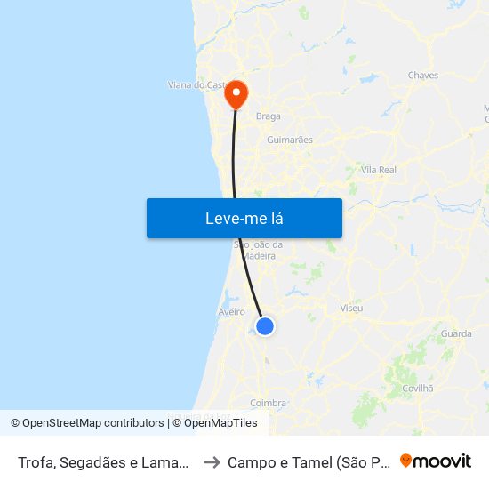 Trofa, Segadães e Lamas do Vouga to Campo e Tamel (São Pedro Fins) map