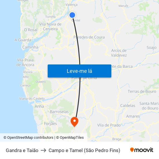 Gandra e Taião to Campo e Tamel (São Pedro Fins) map