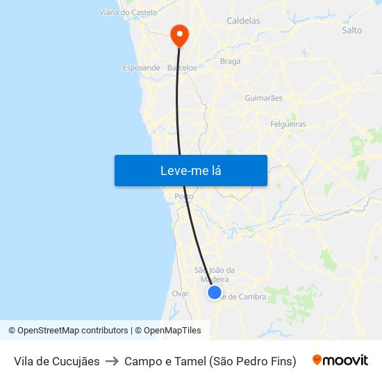 Vila de Cucujães to Campo e Tamel (São Pedro Fins) map
