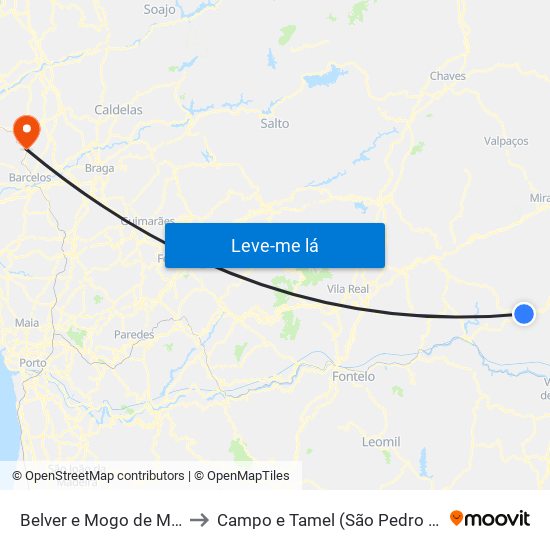Belver e Mogo de Malta to Campo e Tamel (São Pedro Fins) map