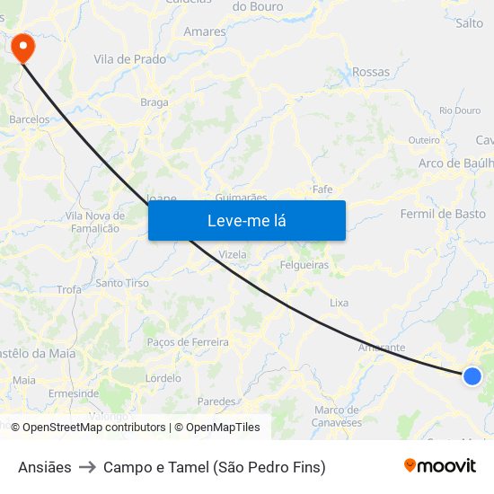Ansiāes to Campo e Tamel (São Pedro Fins) map