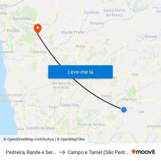 Pedreira, Rande e Sernande to Campo e Tamel (São Pedro Fins) map