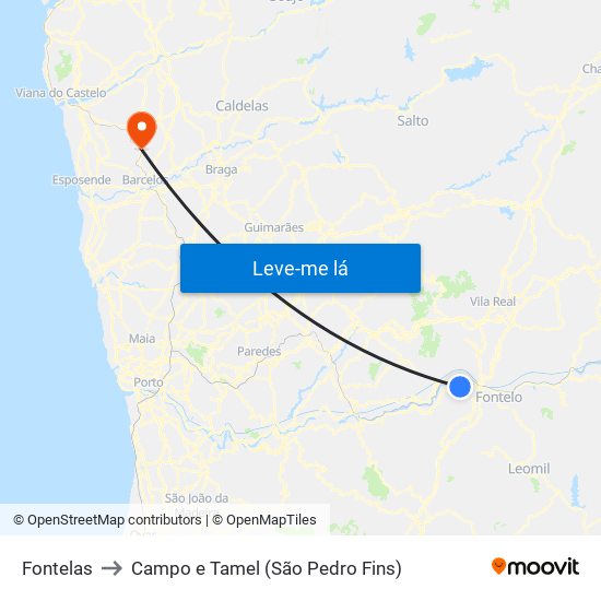 Fontelas to Campo e Tamel (São Pedro Fins) map
