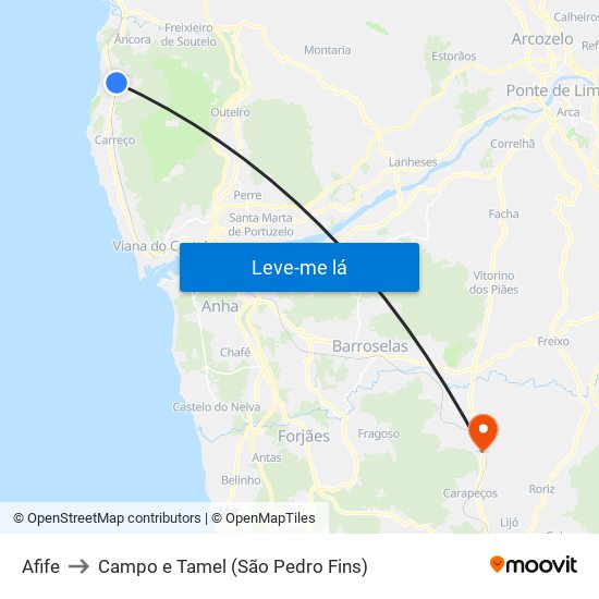 Afife to Campo e Tamel (São Pedro Fins) map