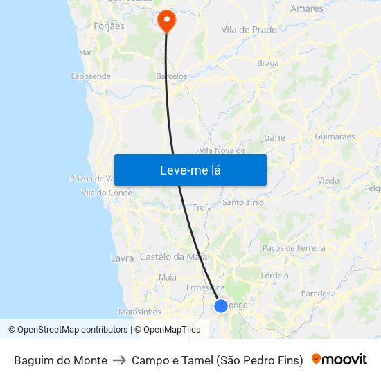 Baguim do Monte to Campo e Tamel (São Pedro Fins) map