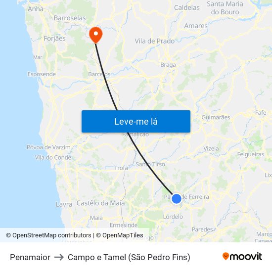 Penamaior to Campo e Tamel (São Pedro Fins) map