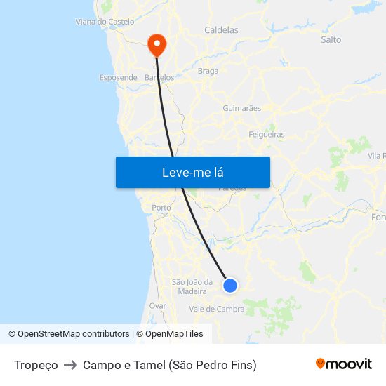 Tropeço to Campo e Tamel (São Pedro Fins) map