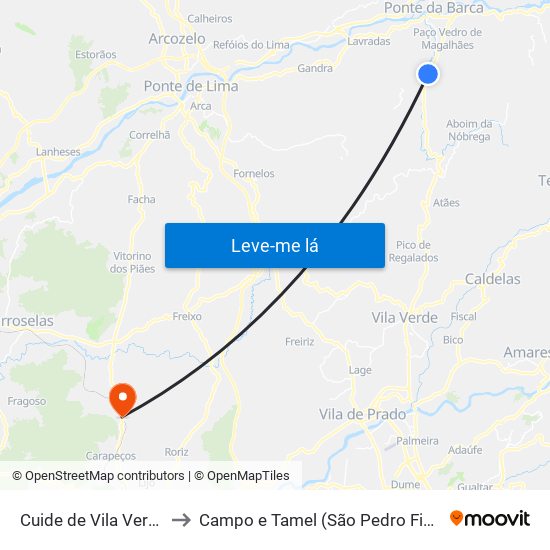 Cuide de Vila Verde to Campo e Tamel (São Pedro Fins) map