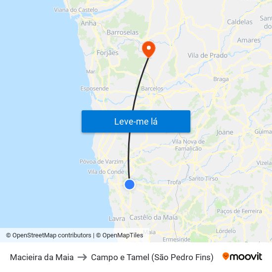 Macieira da Maia to Campo e Tamel (São Pedro Fins) map