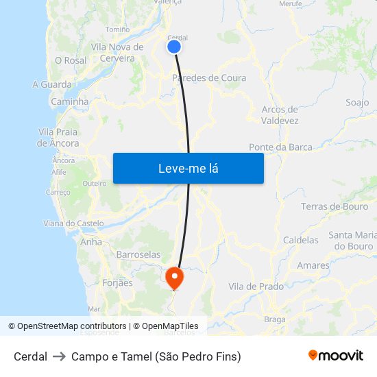 Cerdal to Campo e Tamel (São Pedro Fins) map