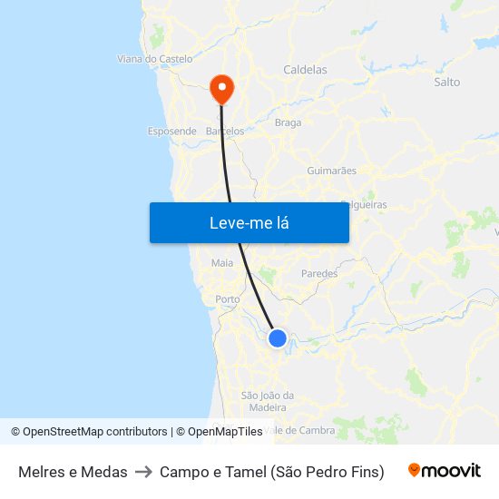 Melres e Medas to Campo e Tamel (São Pedro Fins) map