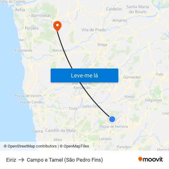 Eiriz to Campo e Tamel (São Pedro Fins) map