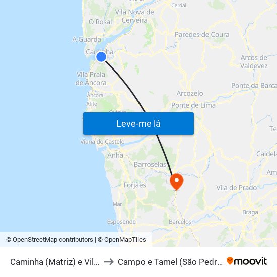 Caminha (Matriz) e Vilarelho to Campo e Tamel (São Pedro Fins) map