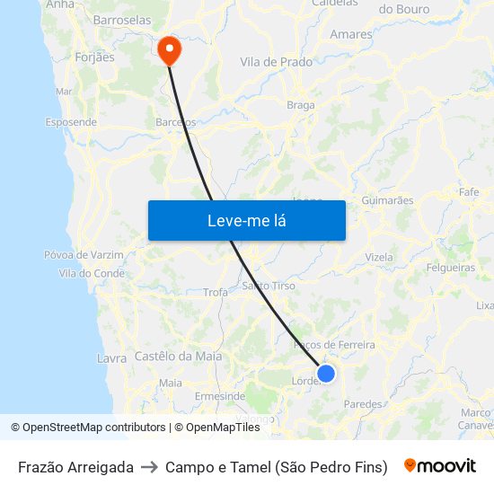 Frazão Arreigada to Campo e Tamel (São Pedro Fins) map