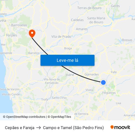 Cepães e Fareja to Campo e Tamel (São Pedro Fins) map