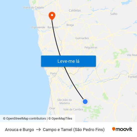 Arouca e Burgo to Campo e Tamel (São Pedro Fins) map