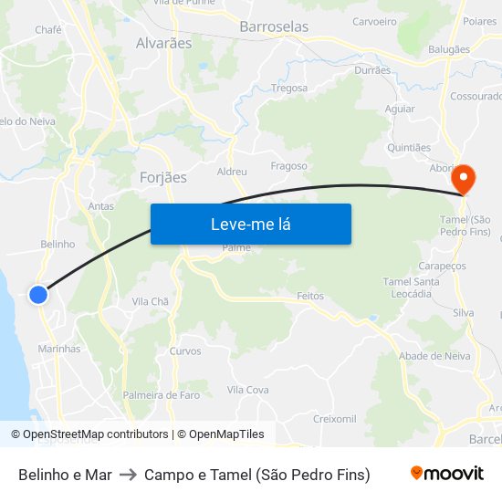 Belinho e Mar to Campo e Tamel (São Pedro Fins) map