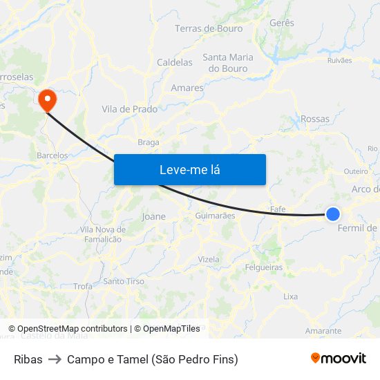 Ribas to Campo e Tamel (São Pedro Fins) map