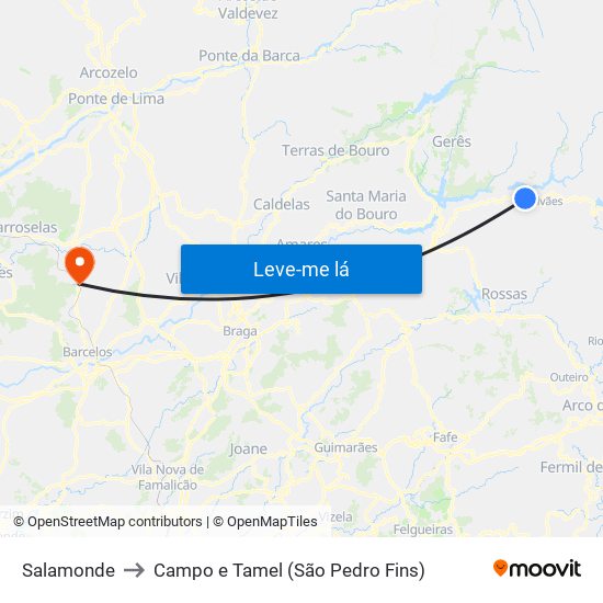 Salamonde to Campo e Tamel (São Pedro Fins) map